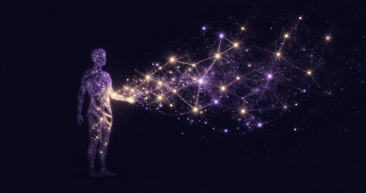 A simple form dissolving into a constellation shaped like a person