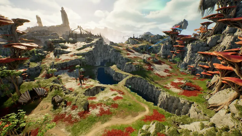A cliffside settlement above a river, under floating rock