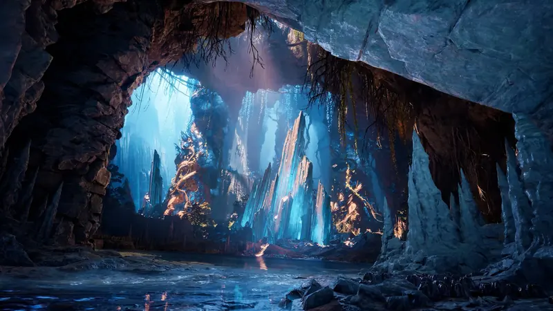 A cavern lit by shafts of daylight