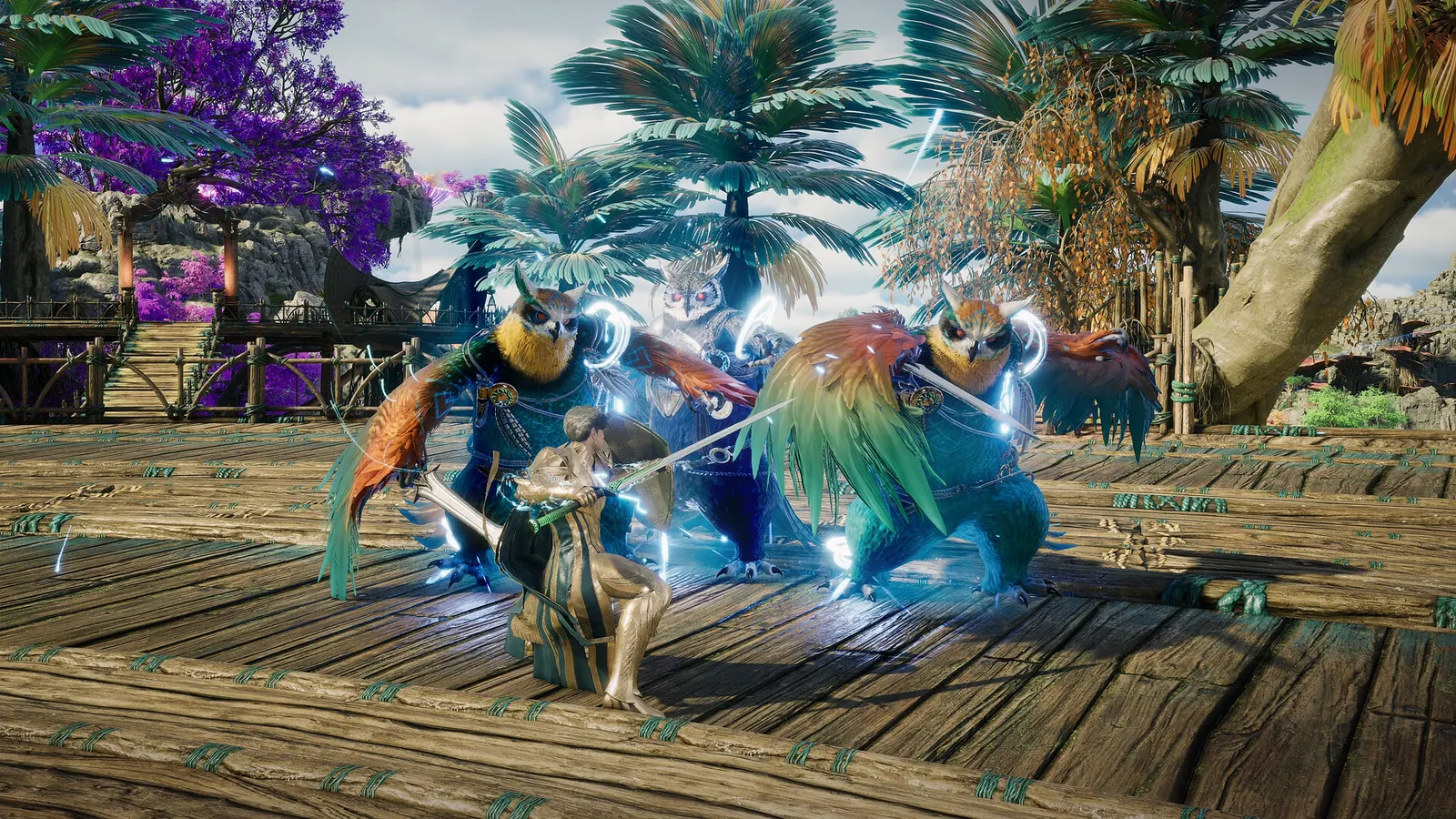 Two players fighting beast-like creatures on a wooden pier