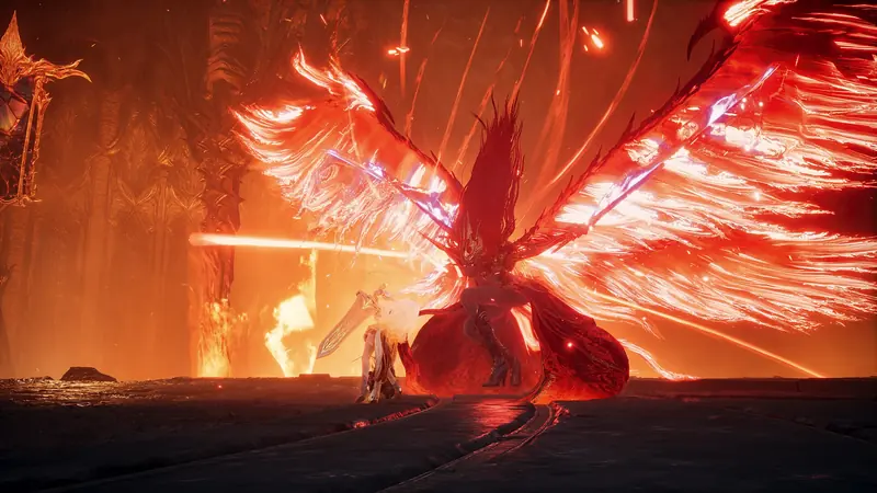 A giant phoenix-like boss wreathed in fire