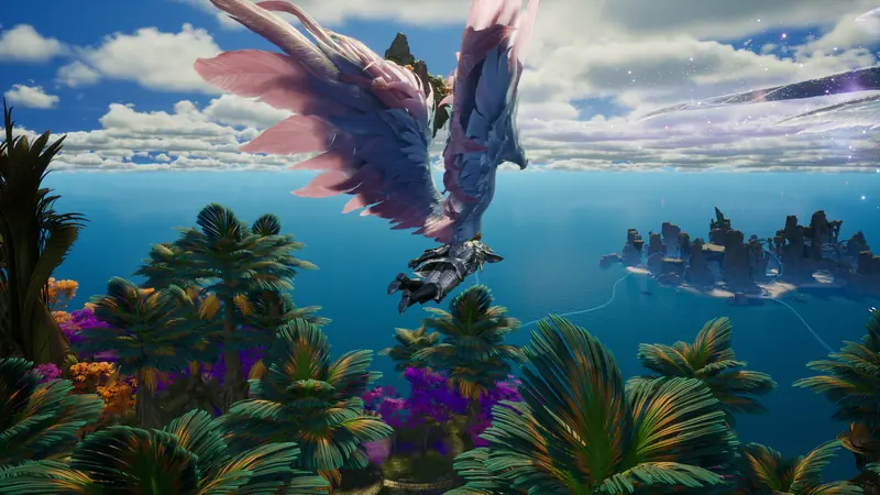 A Daeva in flight over islands and a coastal city