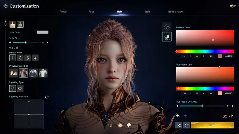 The character customisation screen