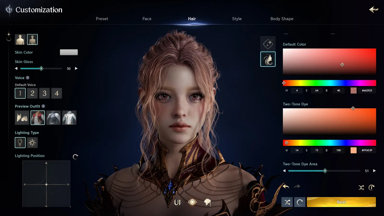 The character customisation screen