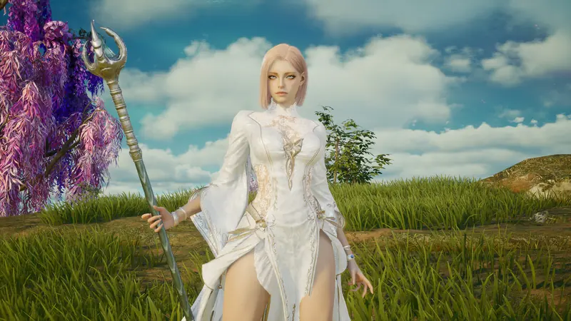 A white-robed character with a staff in a flower meadow