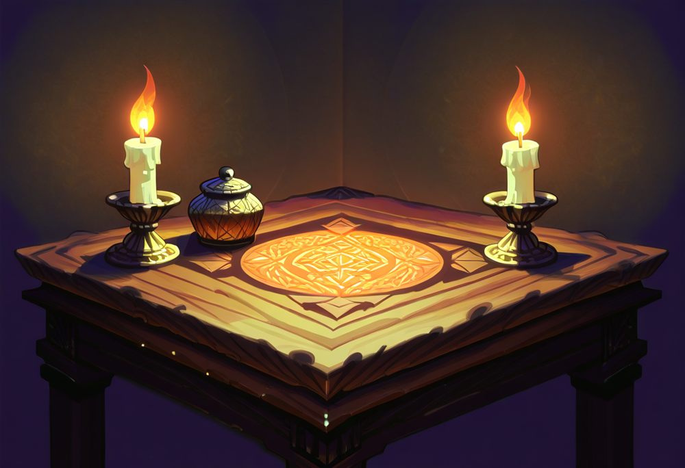 An ornate open journal and a candle on a carved table