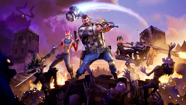 Save the World key art: heroes fighting husks at night