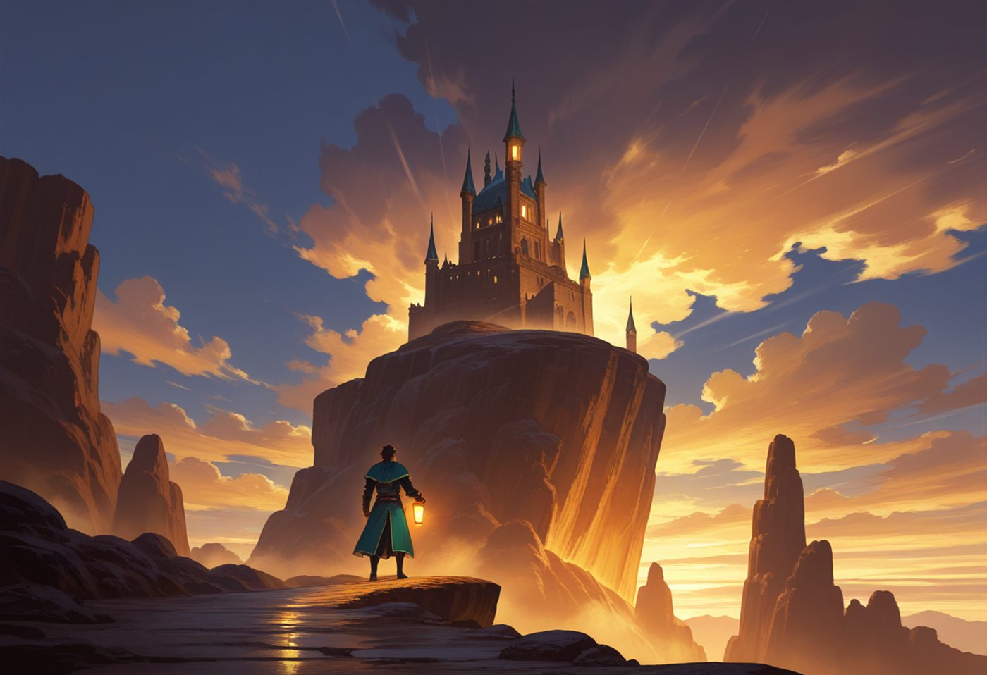 A lone adventurer holding a lantern on a cliff path below a distant citadel at dusk