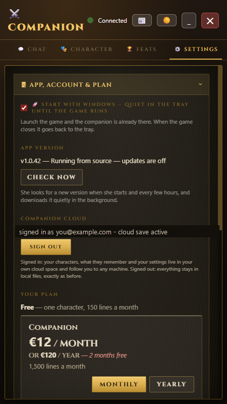 The Settings panel