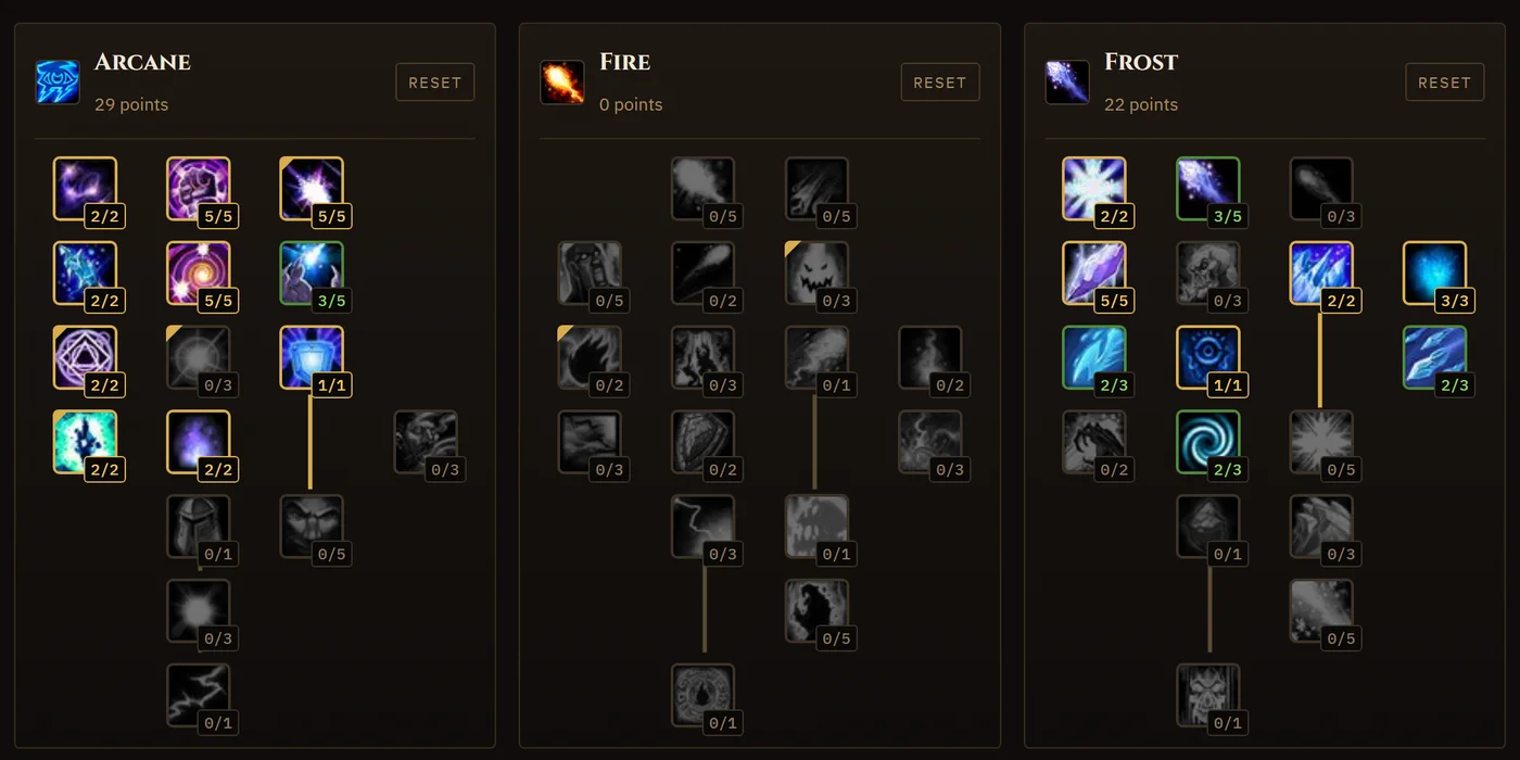 A Mage build in our calculator. The gold corners mark talents that changed since Classic.