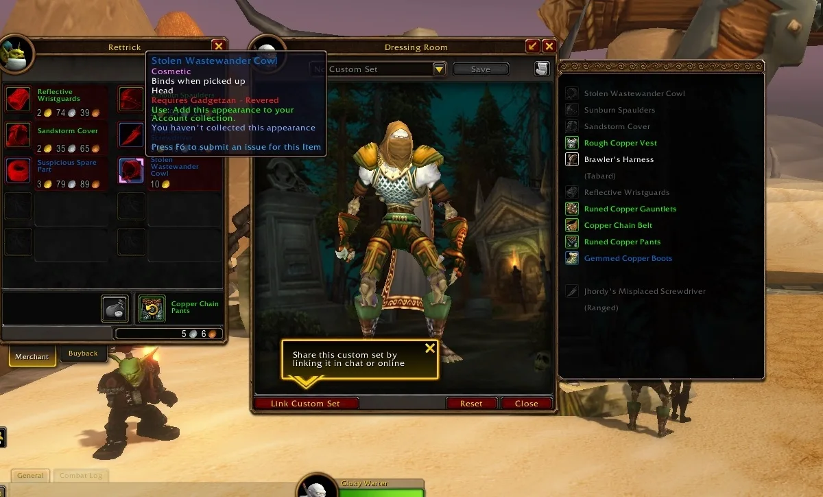 The Stolen Wastewander Cowl, the first cosmetic-only reward.