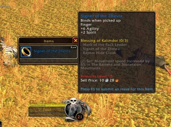 Signet of the Zhevra, with the Blessing of Kalimdor set bonus. Hover the item names above for live tooltips.