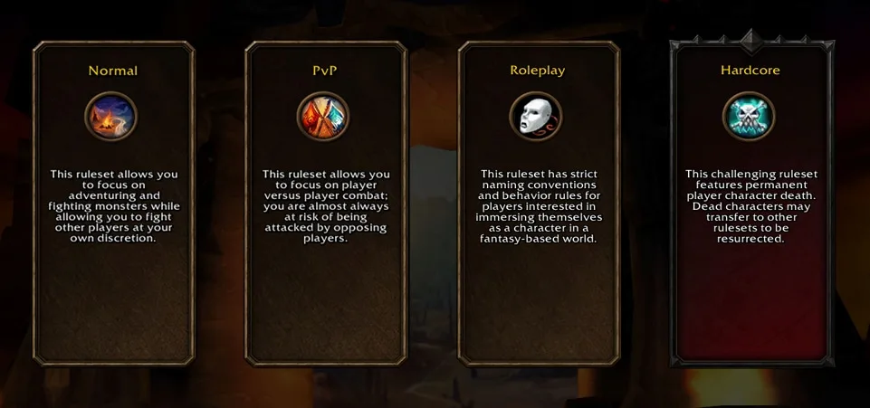 Choosing a ruleset: Normal, PvP, Roleplaying and, later, Hardcore.